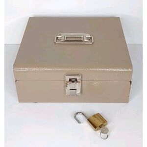 File Box Card File Vintage Buddy Products Tan Metal  10 x 9 3/4 x 4  Padlock Key
